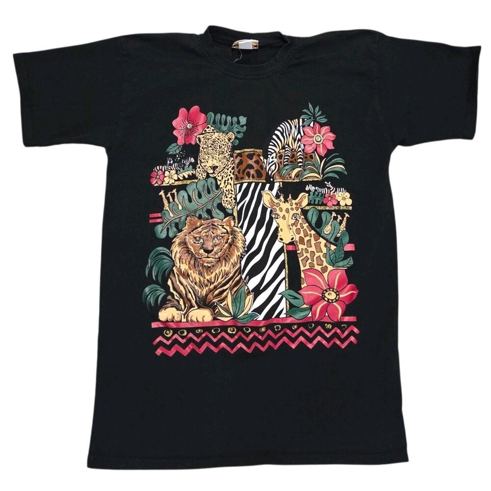 Vtg Xposure USA T-Shirt Beaded Nature Animals Lion Leopard Zebra Giraffe Adult S